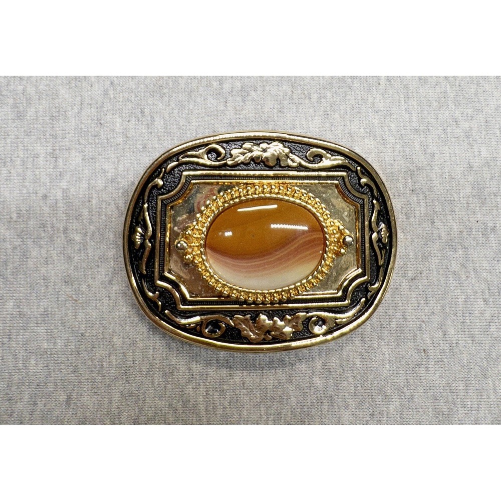 Vtg Western Gold Toned Belt Buckle Polished Agate Rodeo Southwestern Country - Picture 3 of 7